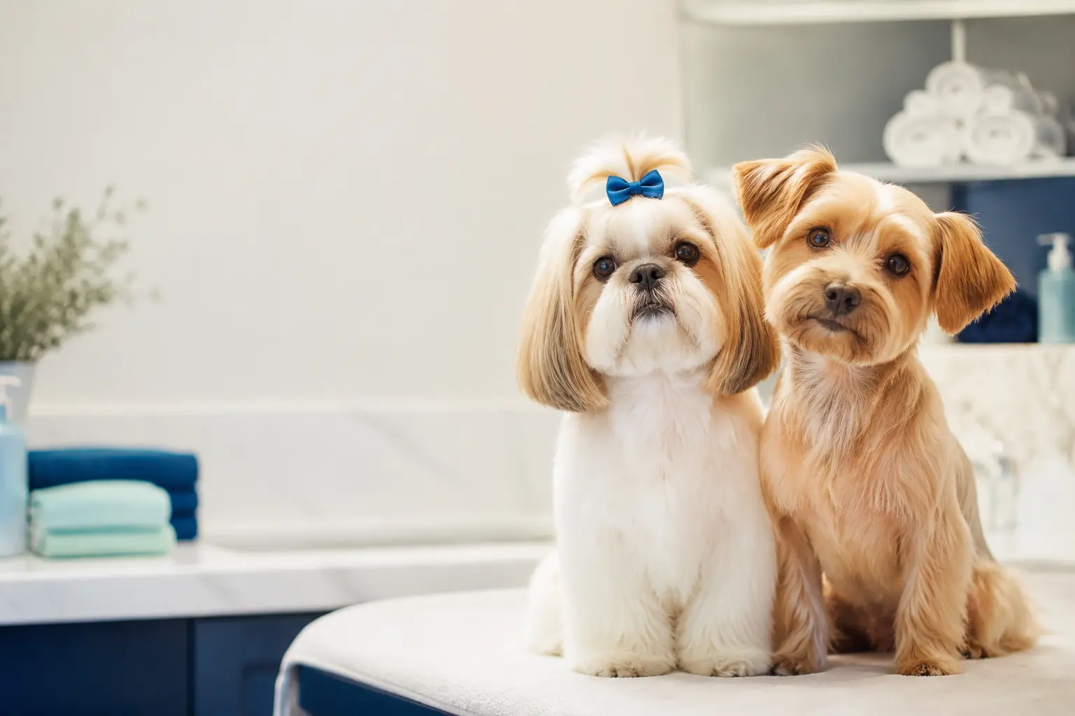 Dois cães pequenos após banho e tosa em um ambiente limpo e acolhedor
